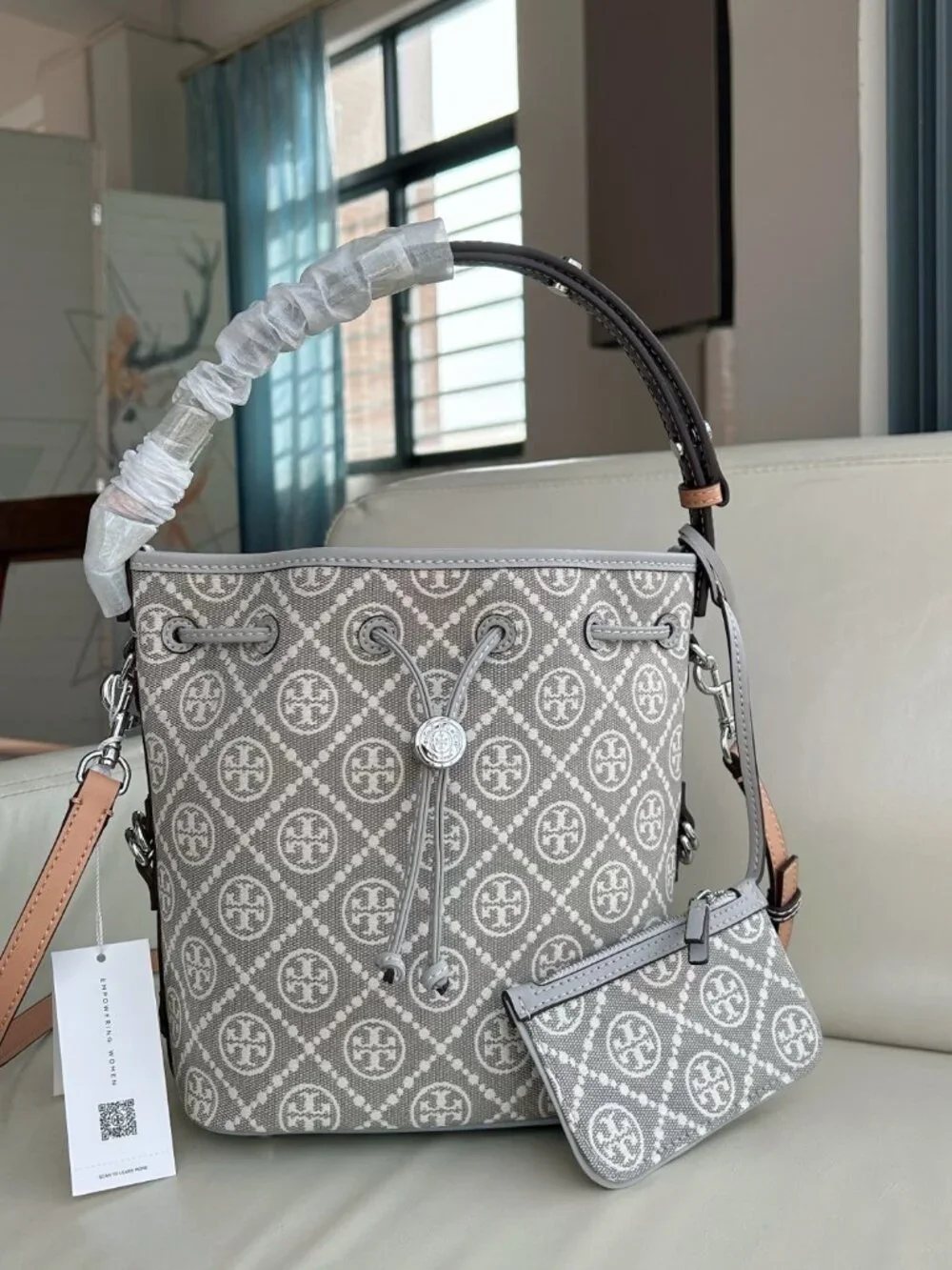Tory Burch Monogram Jacquard Bucket Bag Grey Full Set With Mini